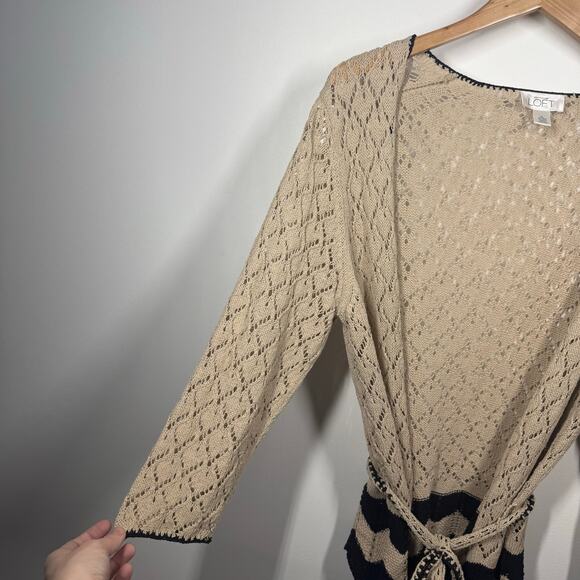 Loft Cardigan Women XL Beige Black Lace Crochet Tie Waist Topper Sweater Boho - Picture 3 of 10